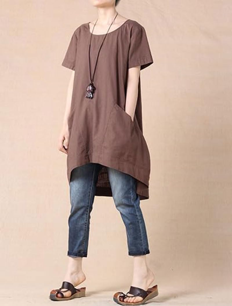 Minibee Women's Cotton Linen Short Sleeve Tunic/Top Tees (M, Coffee) - Image 3